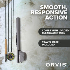 Orvis Clearwater reel handle and balance in hand during practice cast.