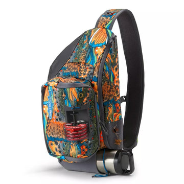 Orvis fly fishing sling pack front view with organized pockets for quick gear access