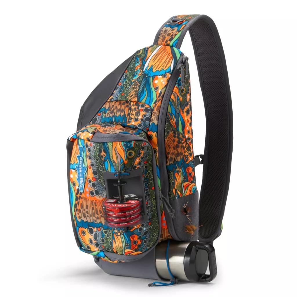 Orvis fly fishing sling pack front view with organized pockets for quick gear access