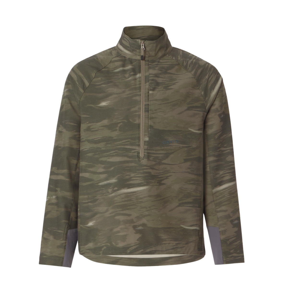 Orvis Pro lightweight softshell pullover dusk camo, front view, versatile wind and moisture protection for outdoor wear