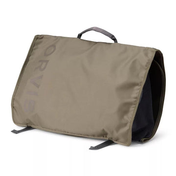 Orvis Wader Mud Room Tote in dusty olive, side view, showing spacious transport capability.