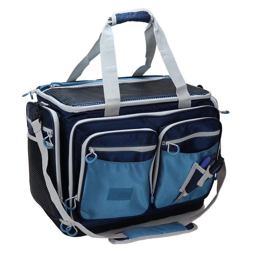 OSAGE RIVER large tackle bag front view shows organized space for eight tackle boxes
