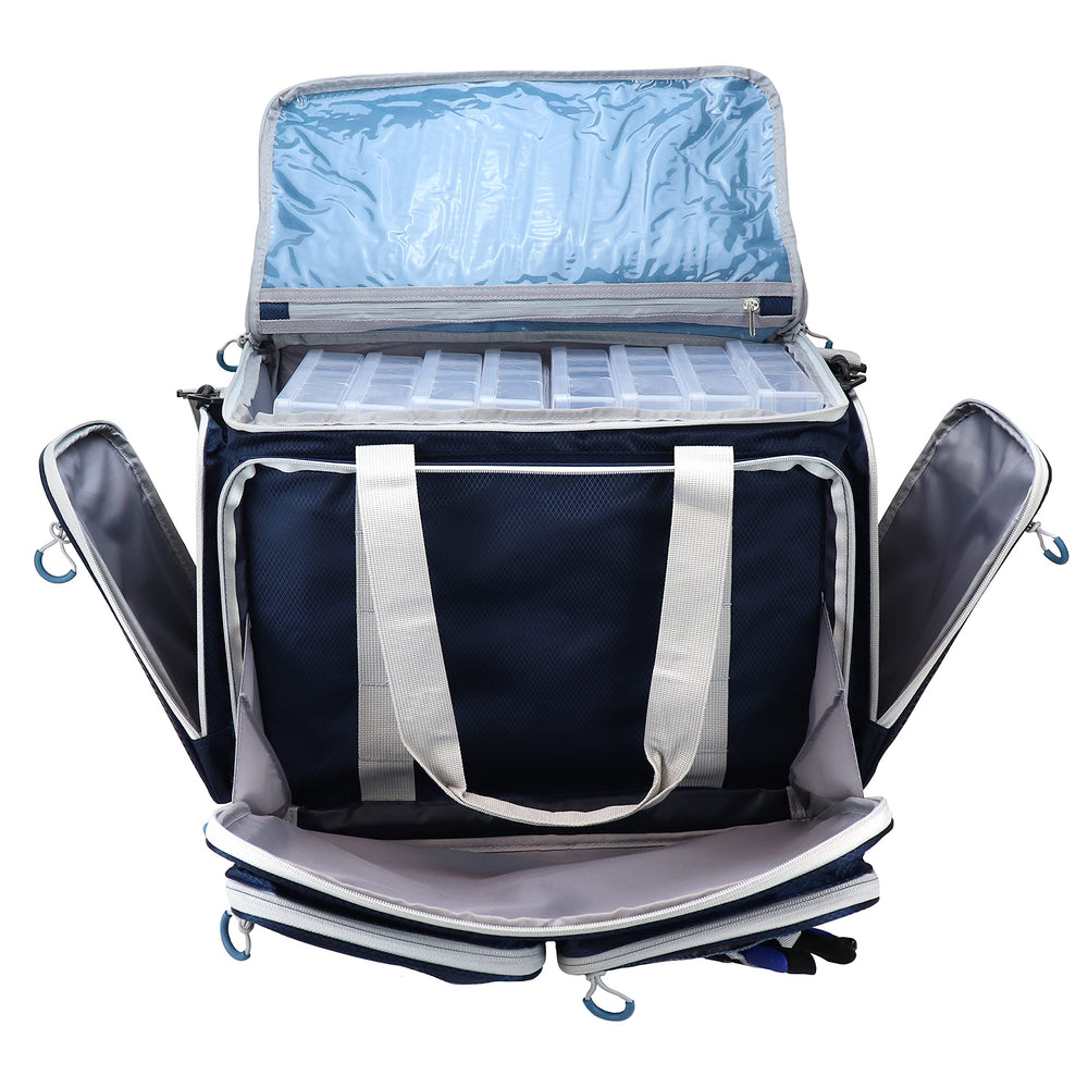 Interior layout with side pockets and divider for lures and tools