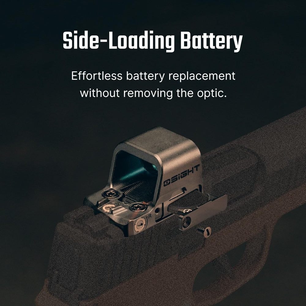 Osight K Micro battery side-loading feature for easy re-zero without removing the optic