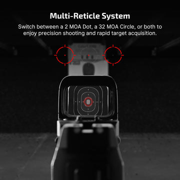 Osight S 2 MOA dot and 32 MOA circle reticle enable flexible aiming.