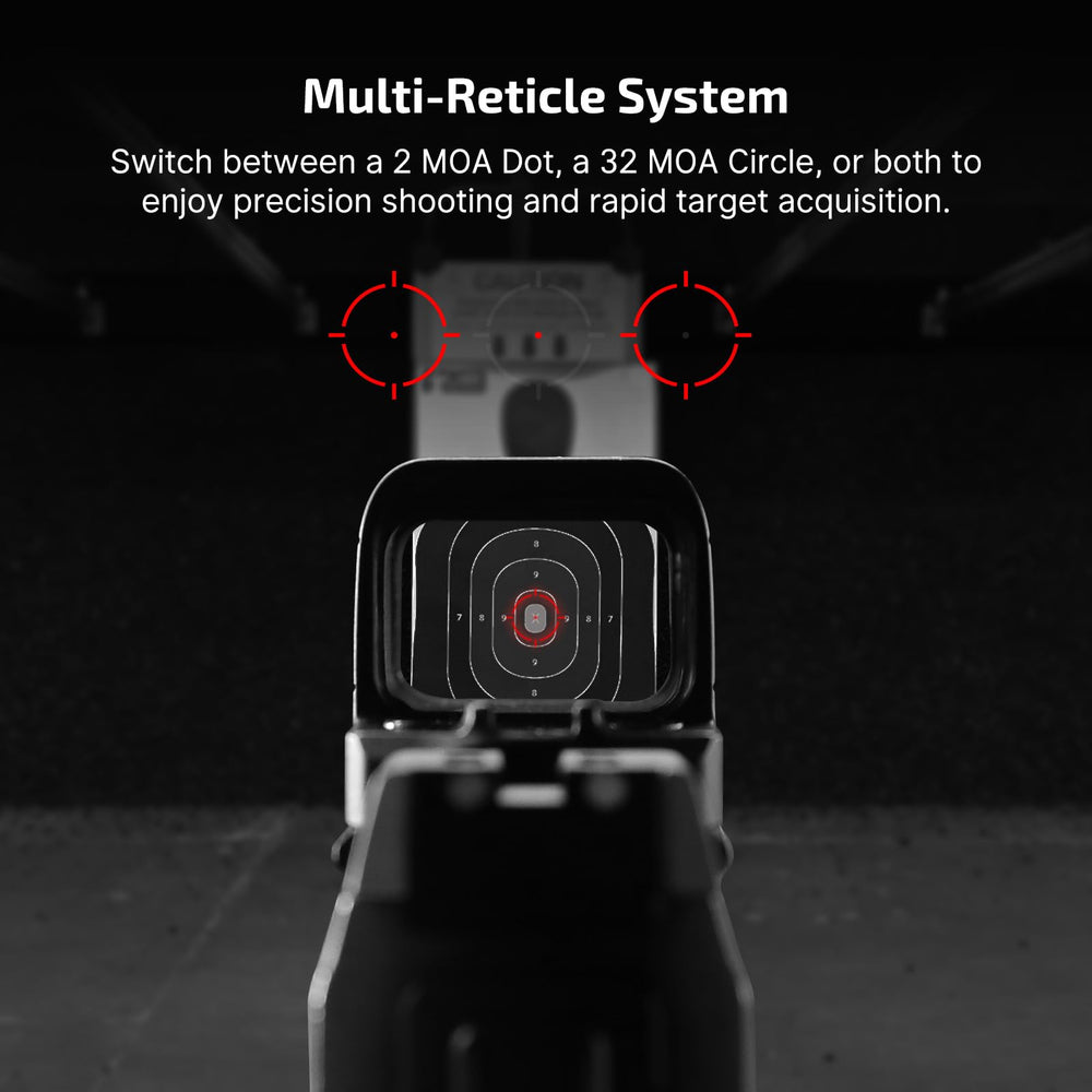 Osight S 2 MOA dot and 32 MOA circle reticle enable flexible aiming.