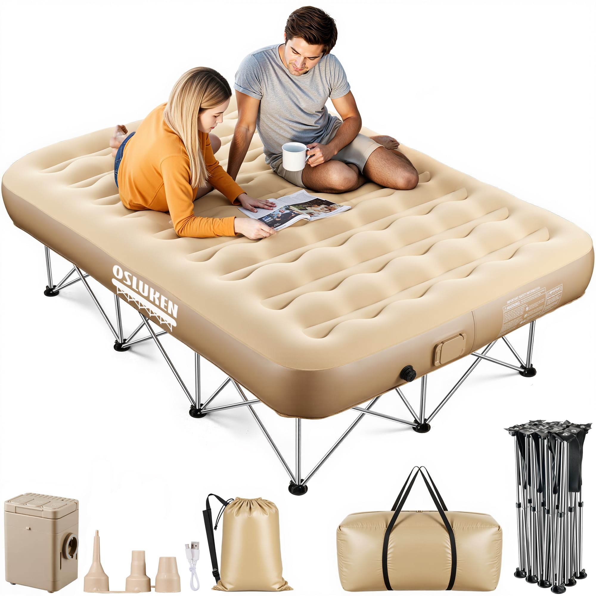 Osluken queen air mattress with frame setup for easy guest staging
