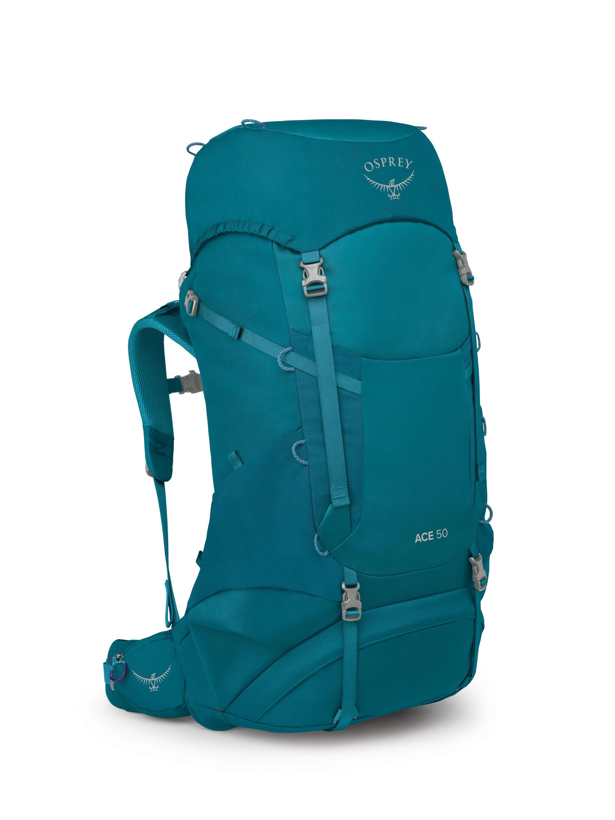 Osprey Ace 50L kids backpack front view showing fit for growing bodies on weekend trails