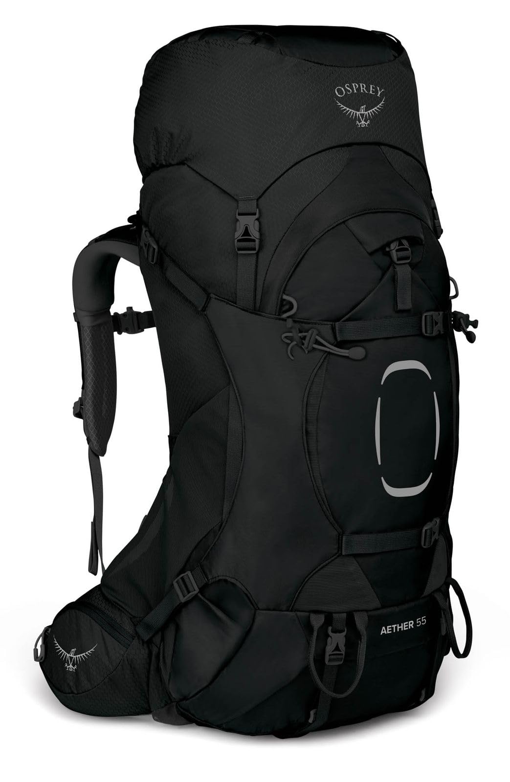 Osprey Aether 55L front view shows the rugged frame for stable load on technical trails