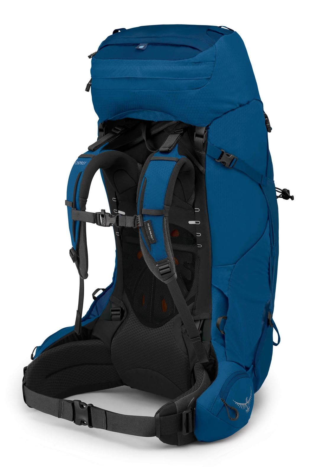 Osprey Aether 65L hipbelt detail in deep water blue showing extended fit and load balance.