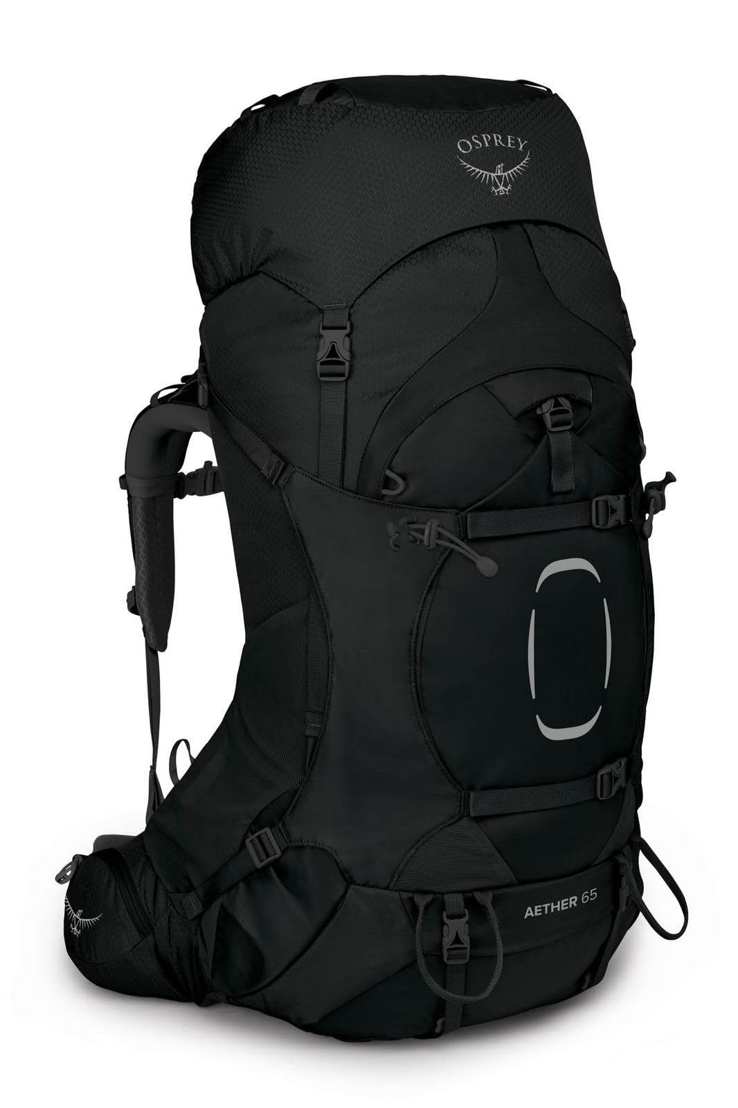Osprey Aether 65L backpack main view shows balanced load for long hikes.