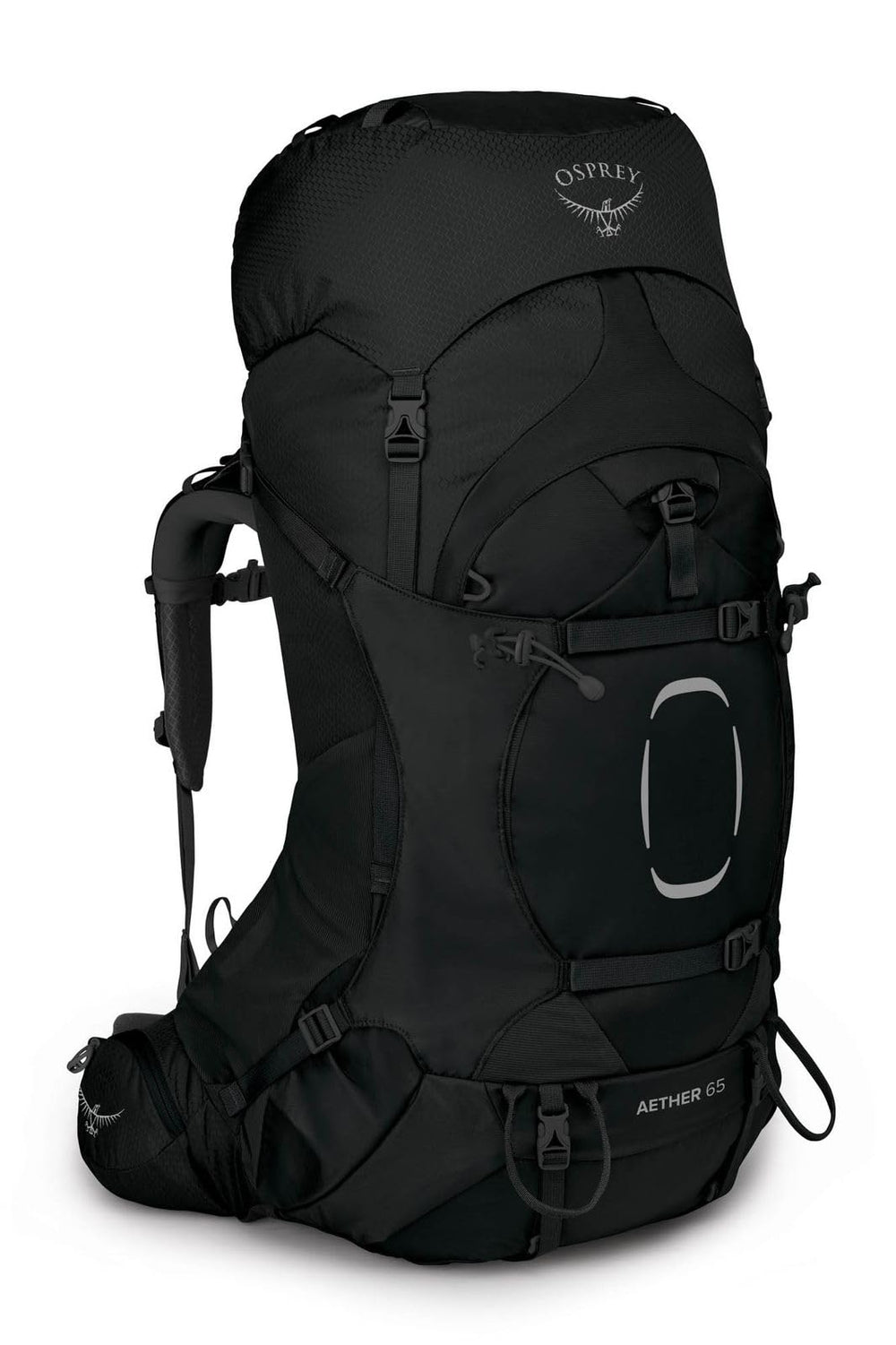 Osprey Aether 65L backpack main view shows balanced load for long hikes.