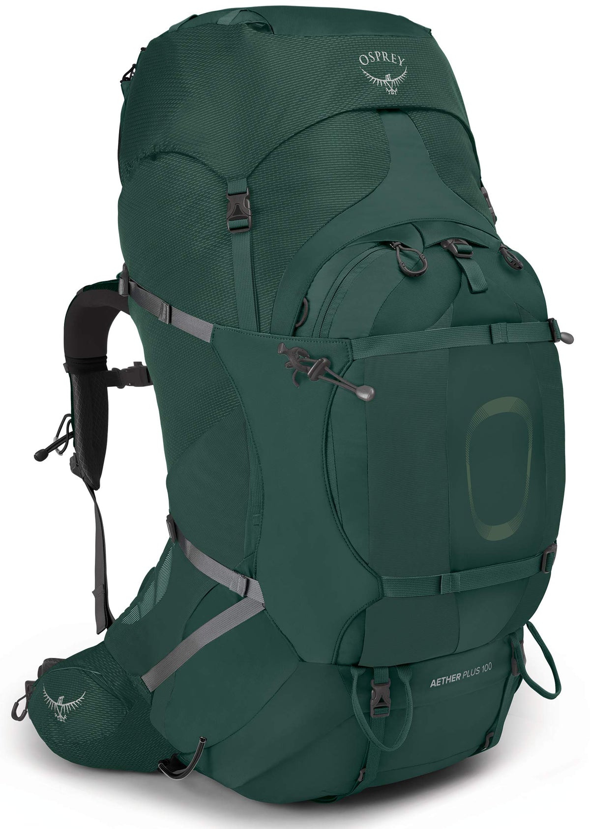 Osprey Aether Plus 100L on trail in Axo Green with rugged gear storage