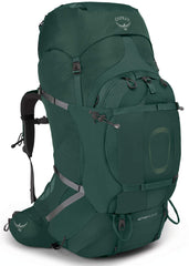 Osprey Aether Plus 100L on trail in Axo Green with rugged gear storage