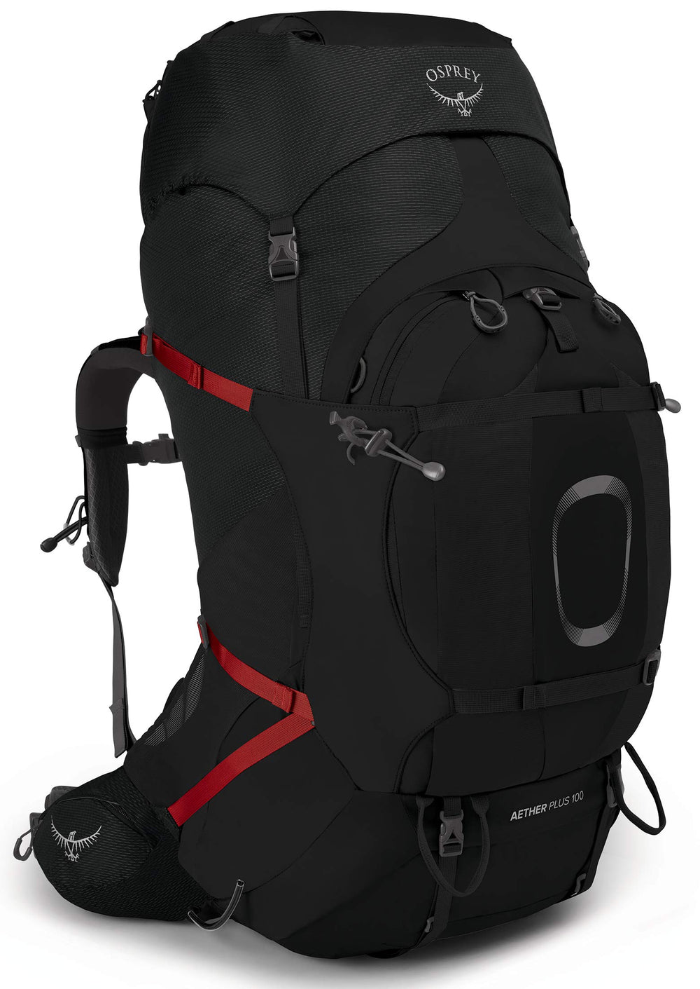 Osprey Aether Plus 100L front view highlighting the spacious main compartment for long trips