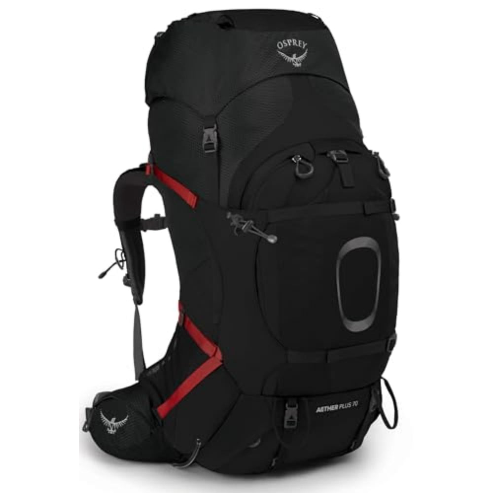Osprey Aether Plus 70L front view shows a rugged backpack for long treks