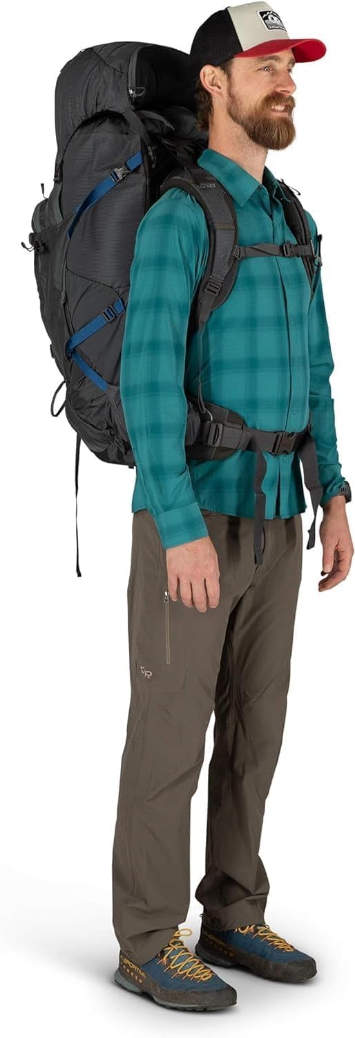 Osprey Aether Plus 70L eclipse grey fabric for rugged trail durability.