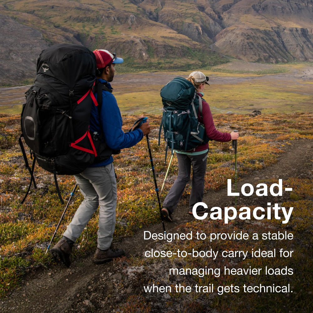Osprey Aether Plus 70L top-loader cinch for secure heavy loads.