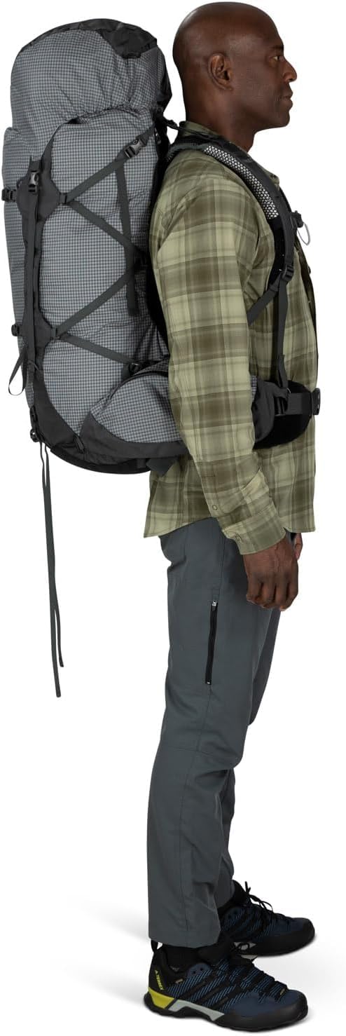 Silver lining accents on Osprey Aether Pro 75L add visibility and style.