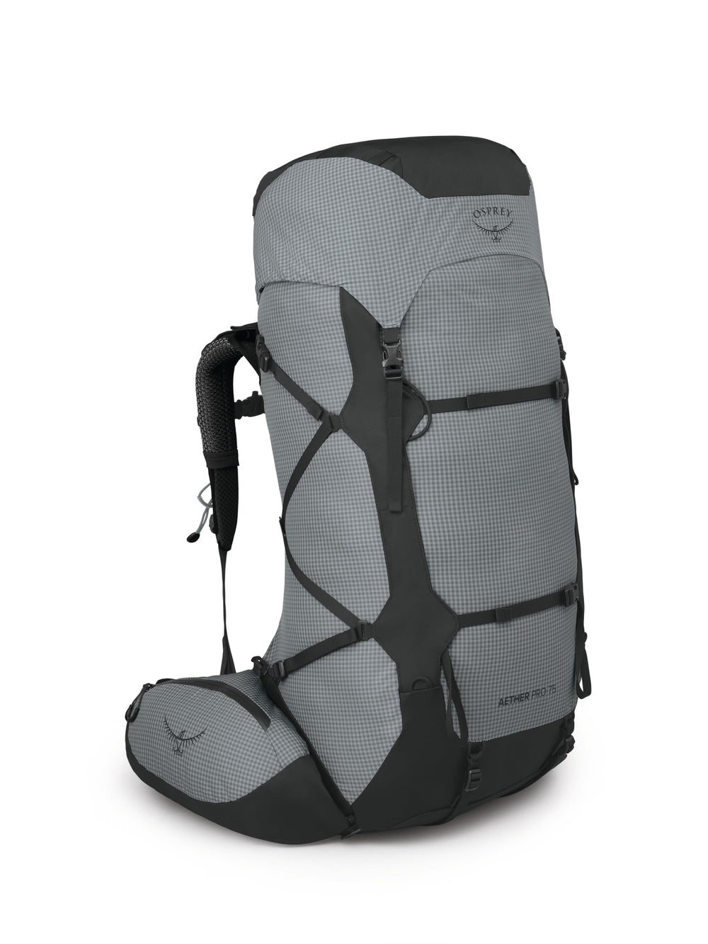 Osprey Aether Pro 75L suspension system for heavy loads on rough terrain.