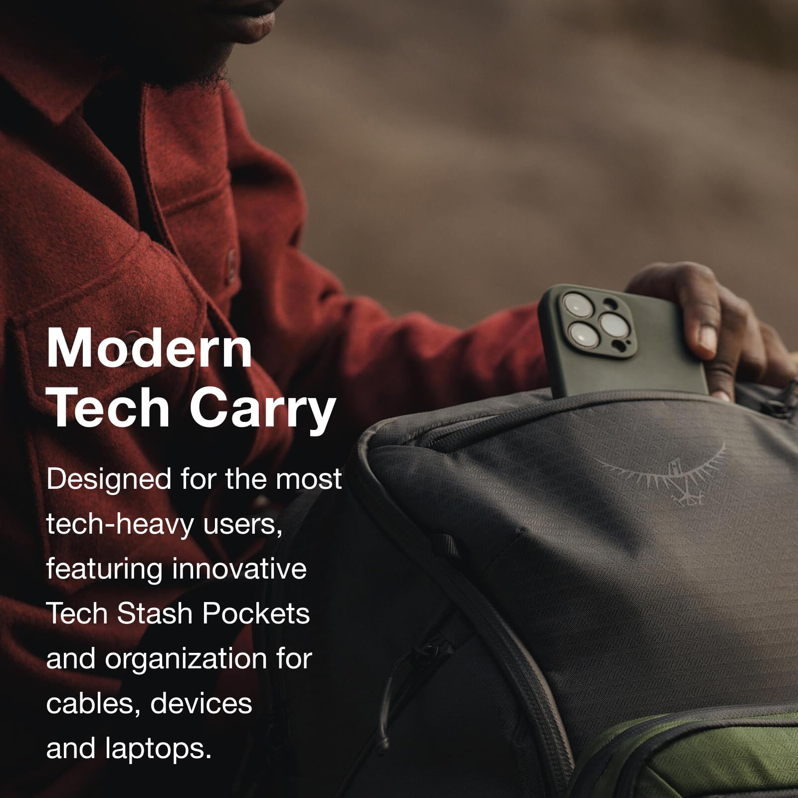 Osprey Archeon 30L tech stash pockets organize cables and devices.