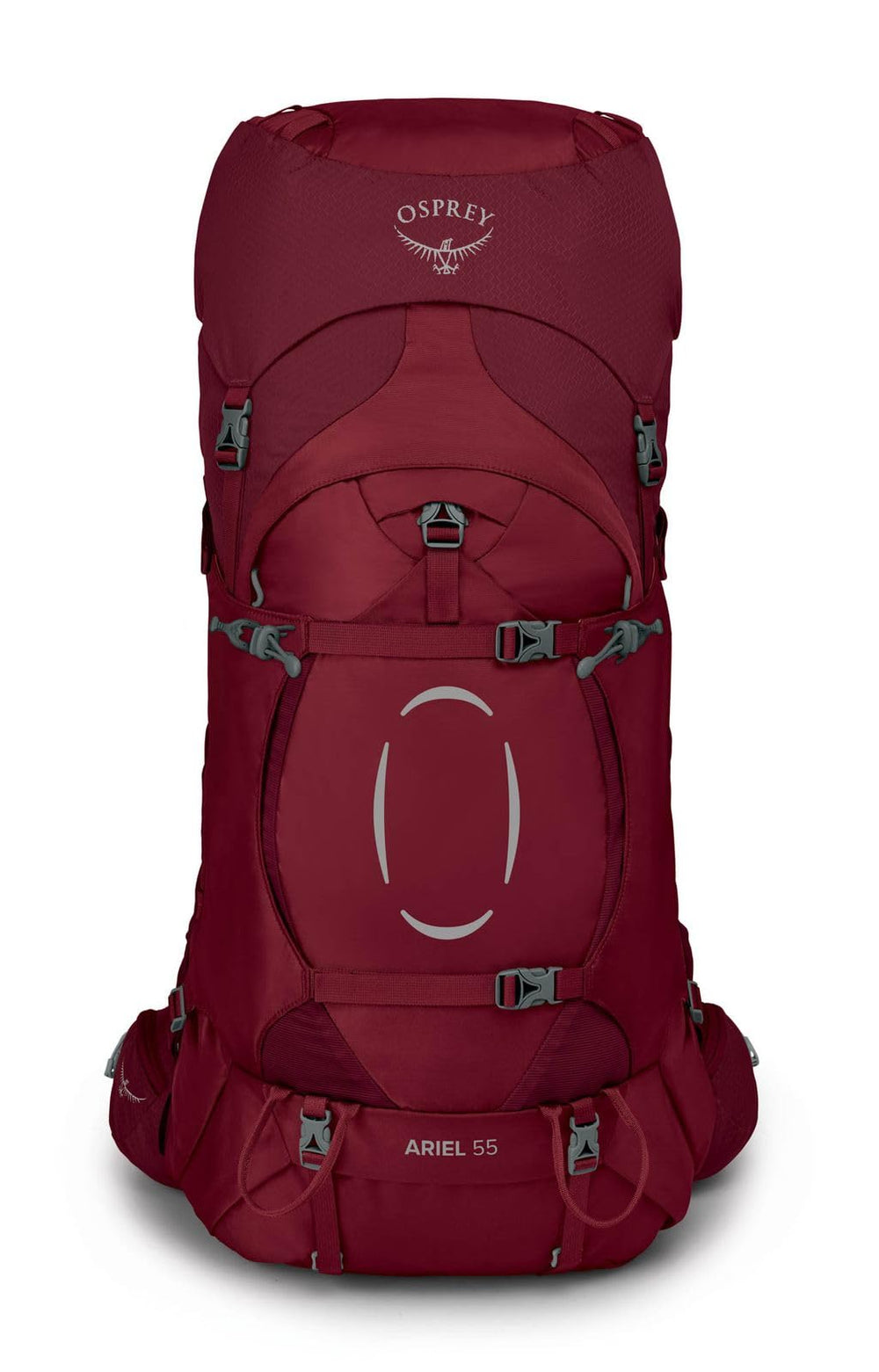 Osprey Ariel 55L hipbelt close-up illustrating customizable Fit-on-the-Fly