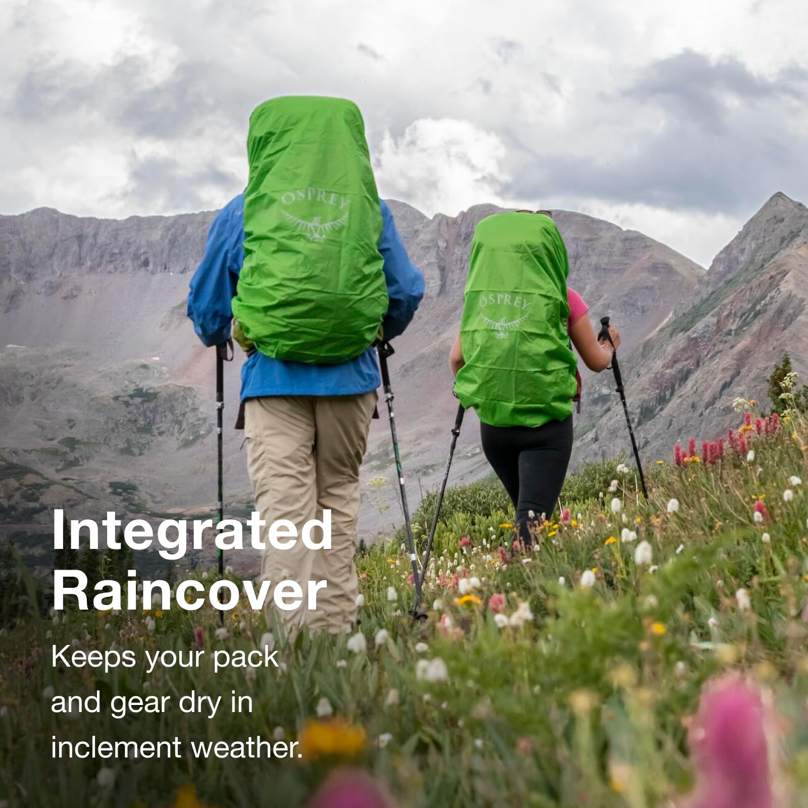 Osprey Ariel Plus 70L raincover uses bluesign fabrics with PFAS-free DWR.