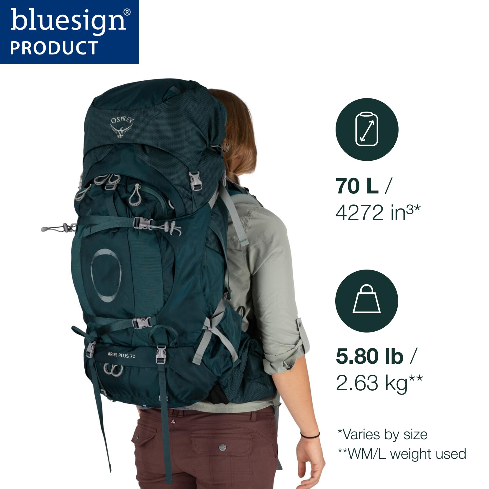 Osprey Ariel Plus 70L shows Fit-on-the-Fly hipbelt for stable carry.