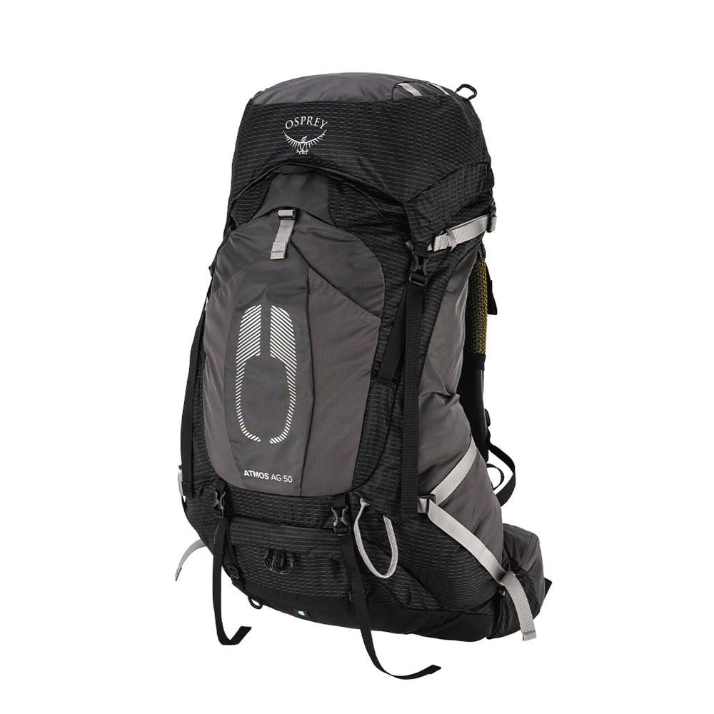 Osprey Atmos AG 50L backpack front view in black for weekend trips