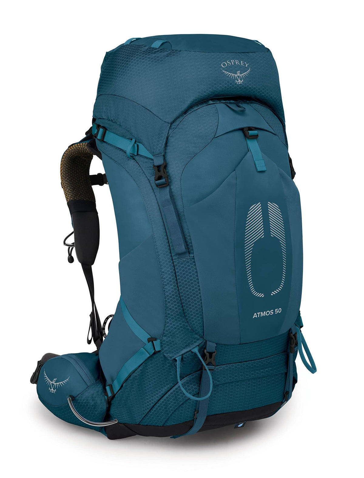 Osprey Atmos AG 50L back panel with side pockets keeps bottles within reach on hikes.