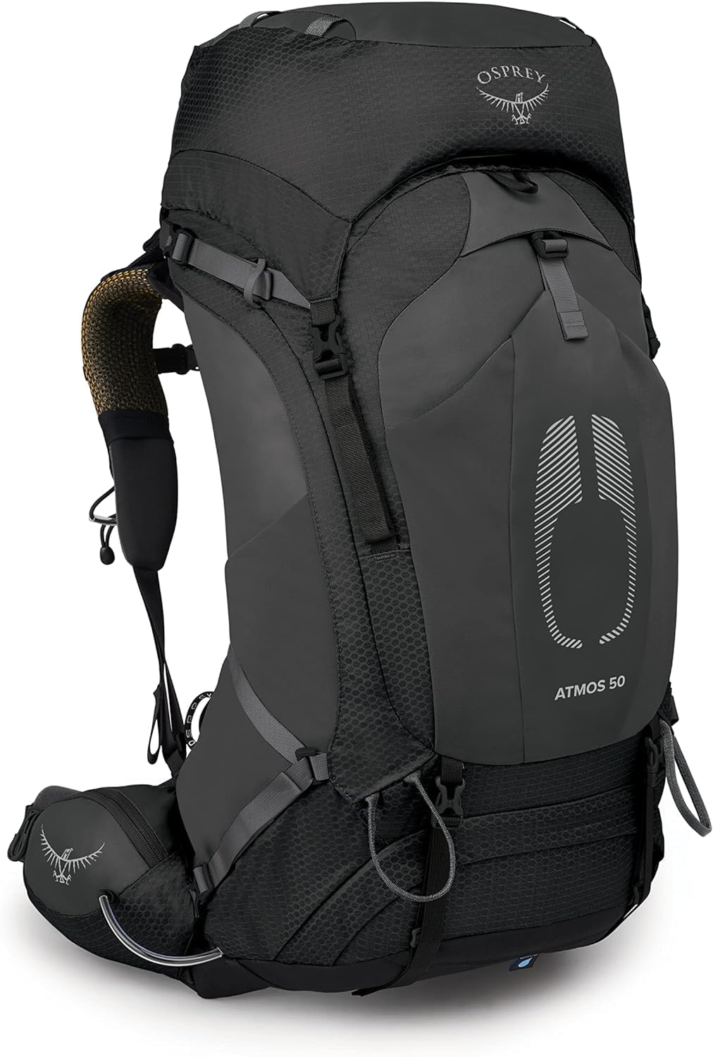 Osprey Atmos AG 50L front view showing breathable harness for comfort