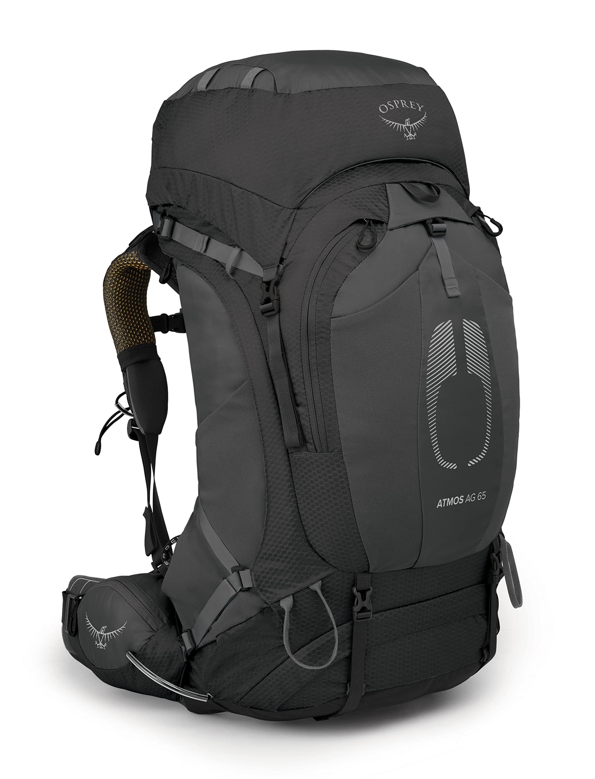 Osprey Atmos AG 65L front view with ergonomic back support for comfortable carrying