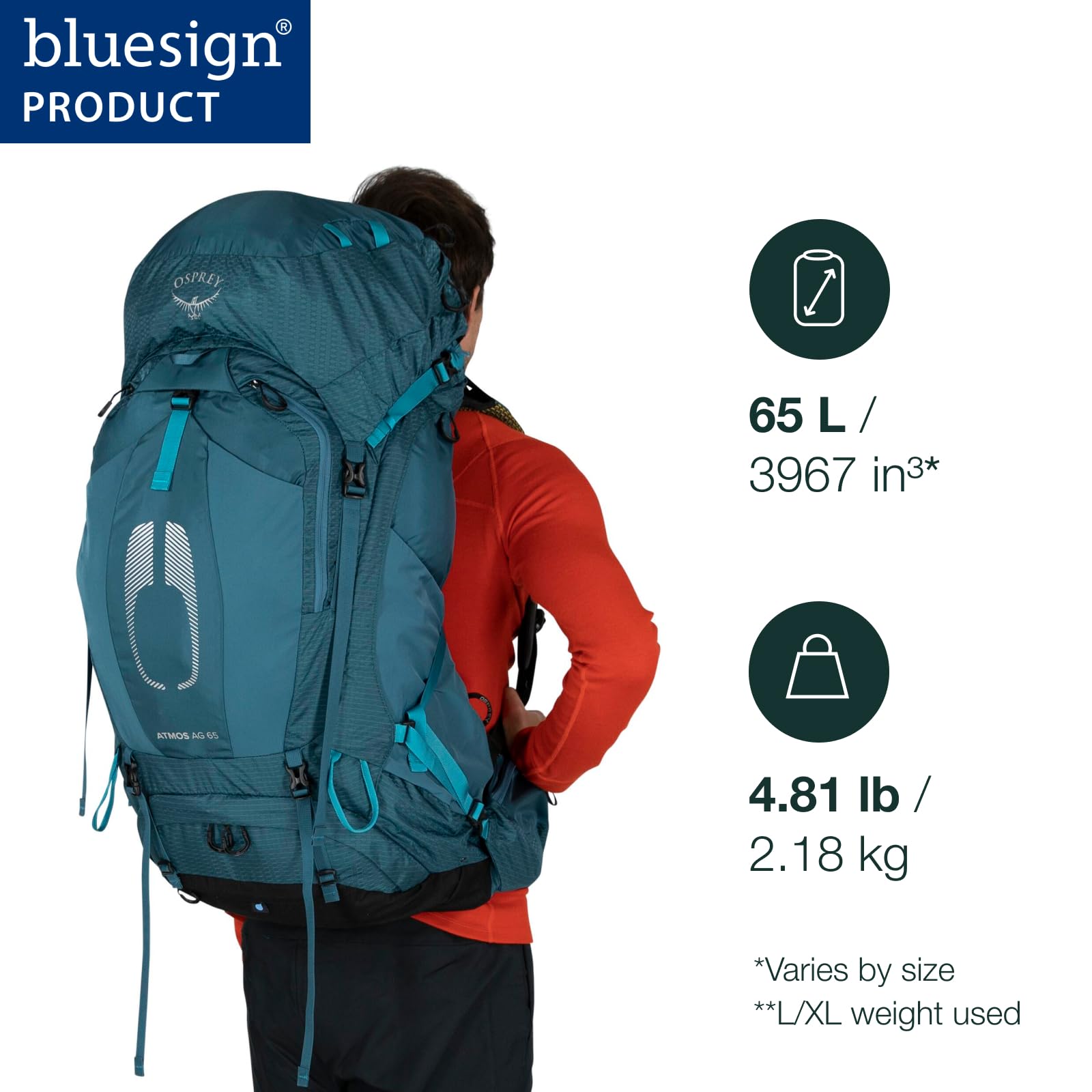 Osprey Atmos AG 65L Mythical Green back panel reveals 3D-suspended mesh