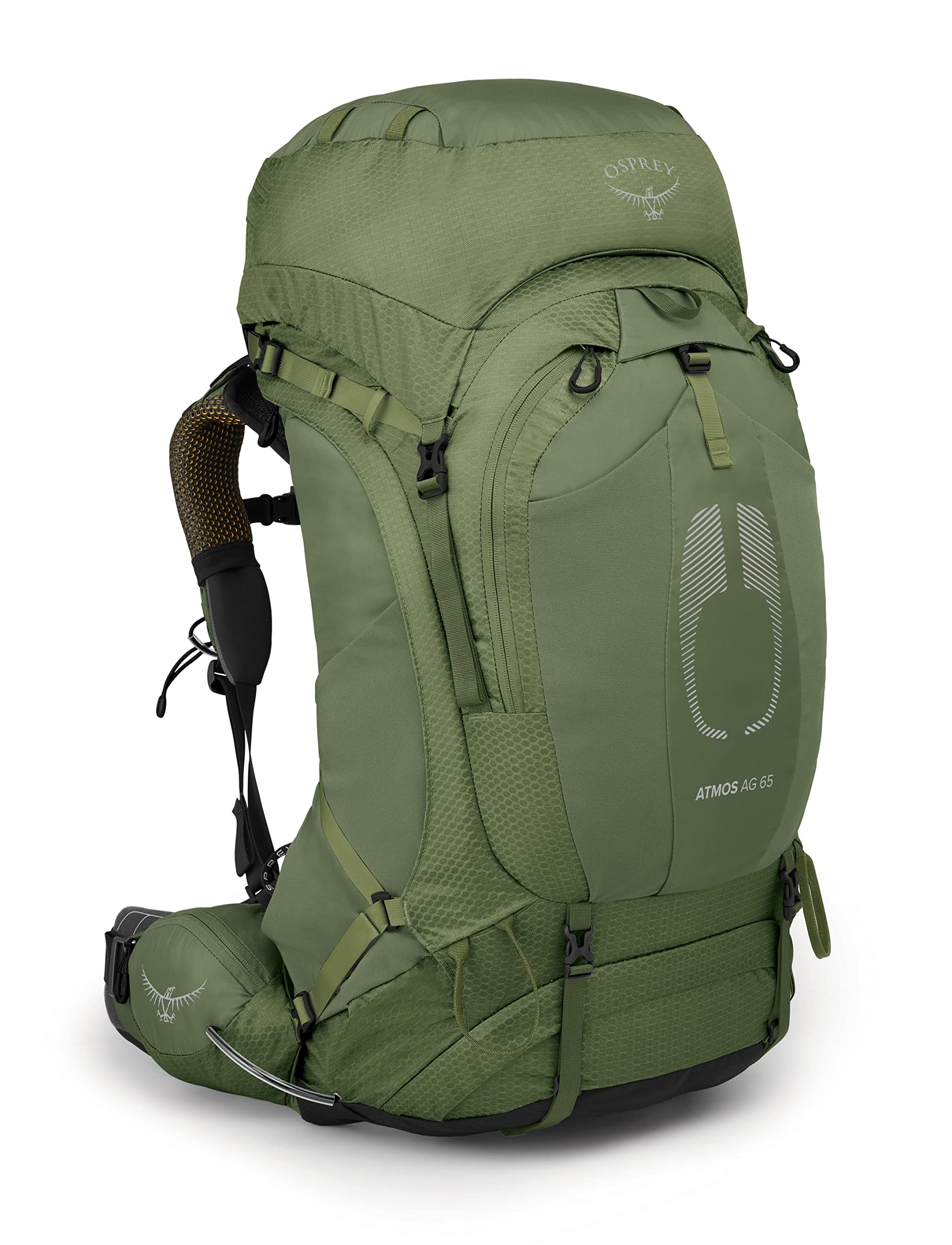 Osprey Atmos AG 65L Mythical Green front view with ventilated suspension