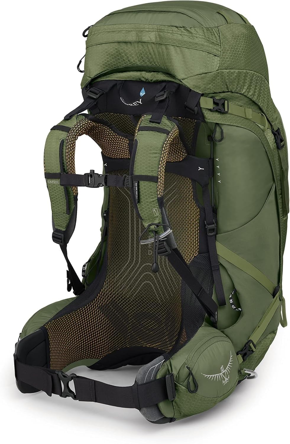 Osprey Atmos AG 65L Mythical Green integrated raincover deployed