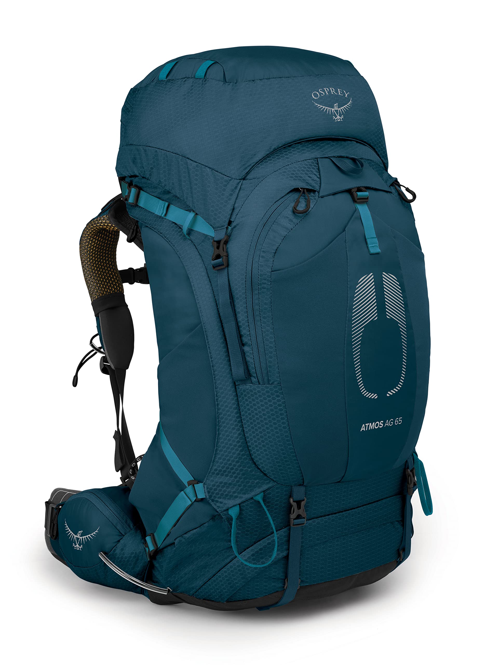 Osprey Atmos AG 65L venturi blue side pockets for quick water bottle access on trail