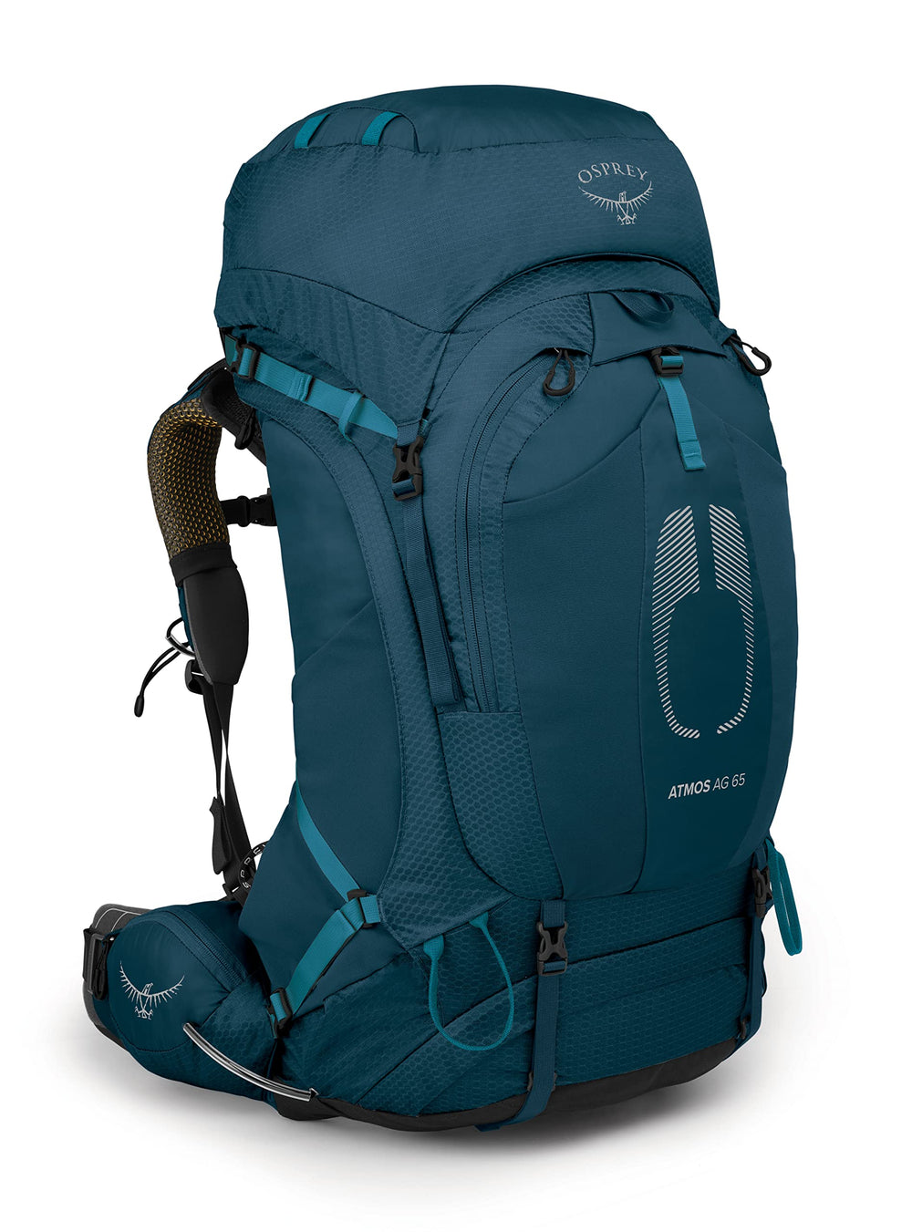 Osprey Atmos AG 65L venturi blue side pockets for quick water bottle access on trail
