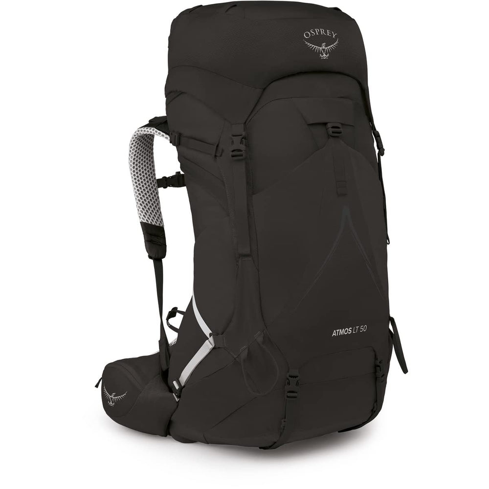 Osprey Atmos AG LT 50 backpack, black exterior, ventilated suspension for trail comfort.