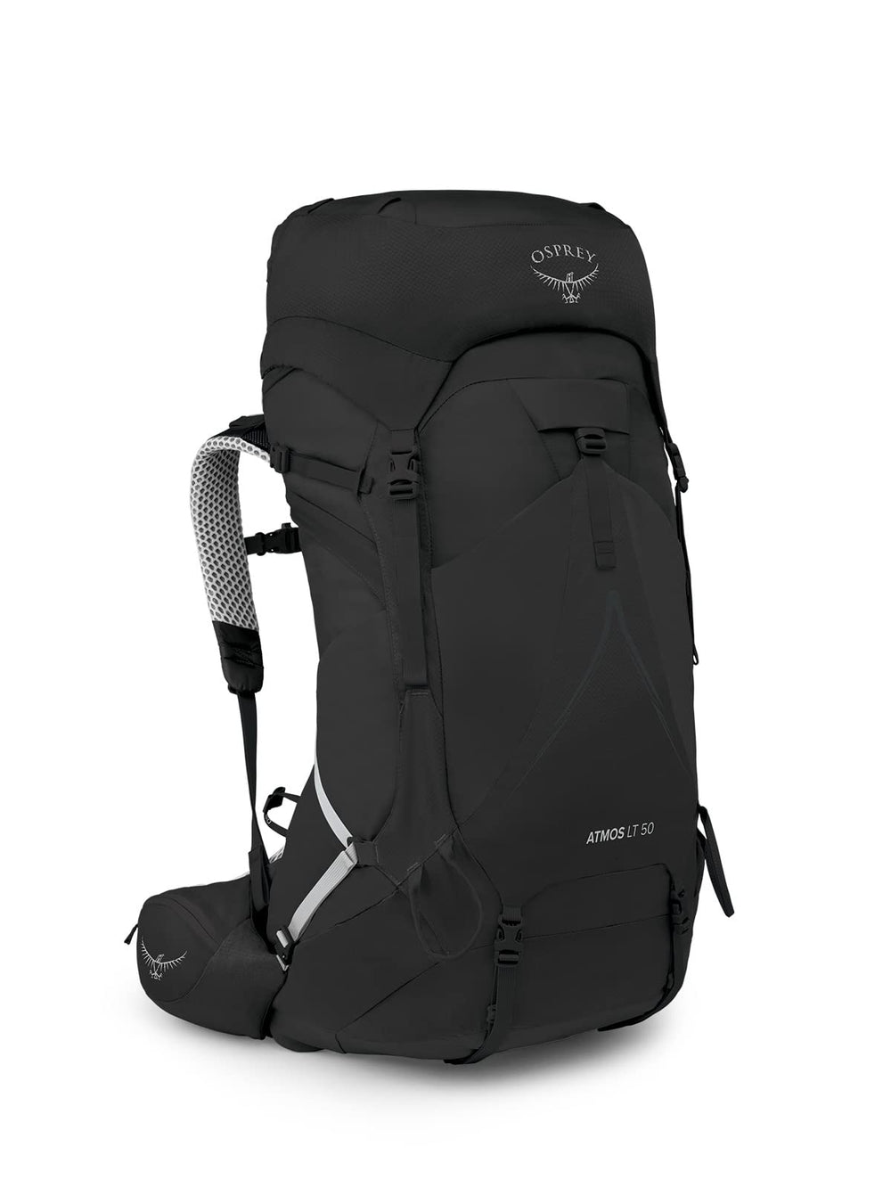 Osprey Atmos AG LT 50L front view, showing a breathable, streamlined backpacking silhouette