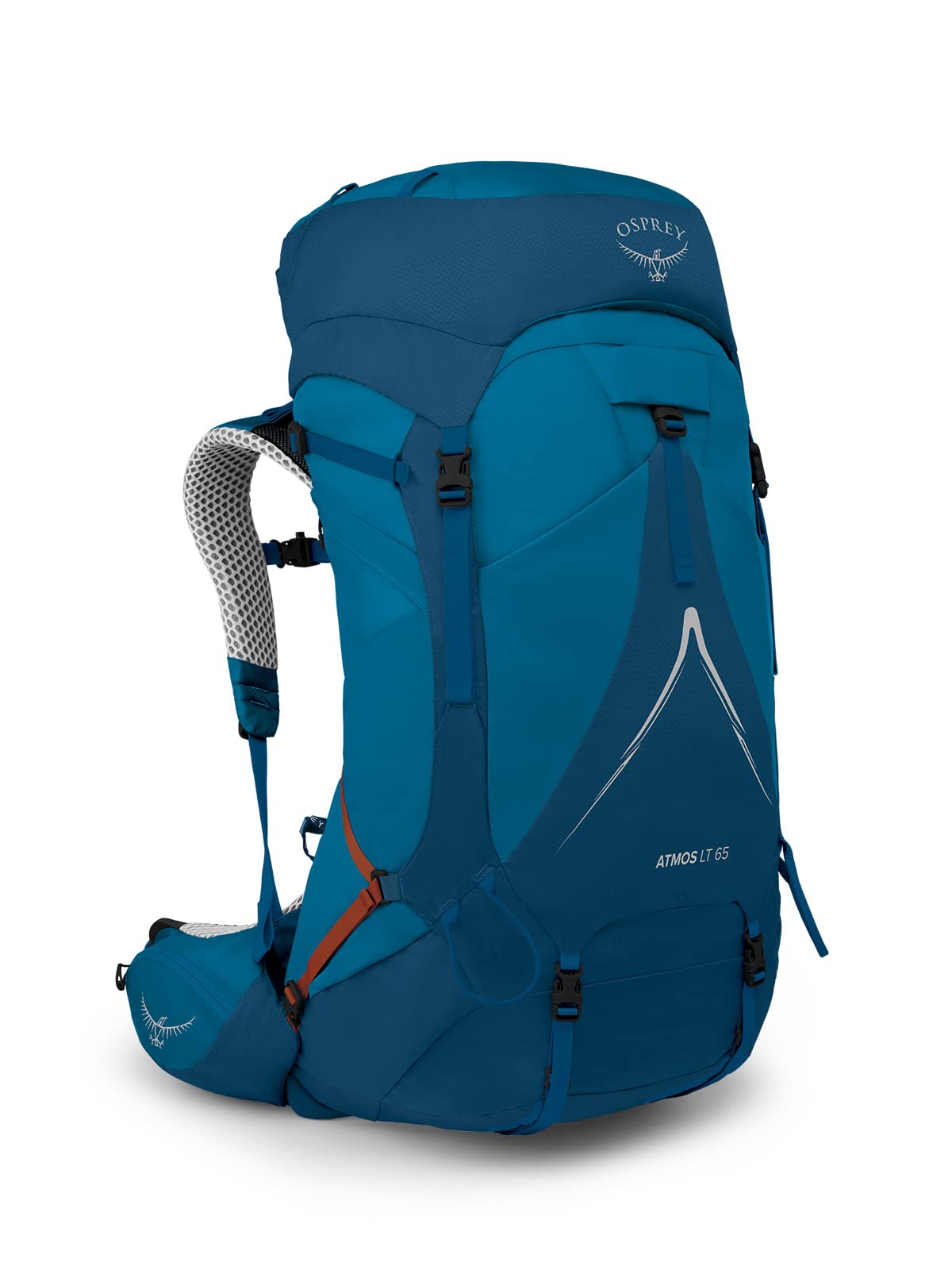 Osprey Atmos AG LT 65L front view showing balanced weight distribution for trekking