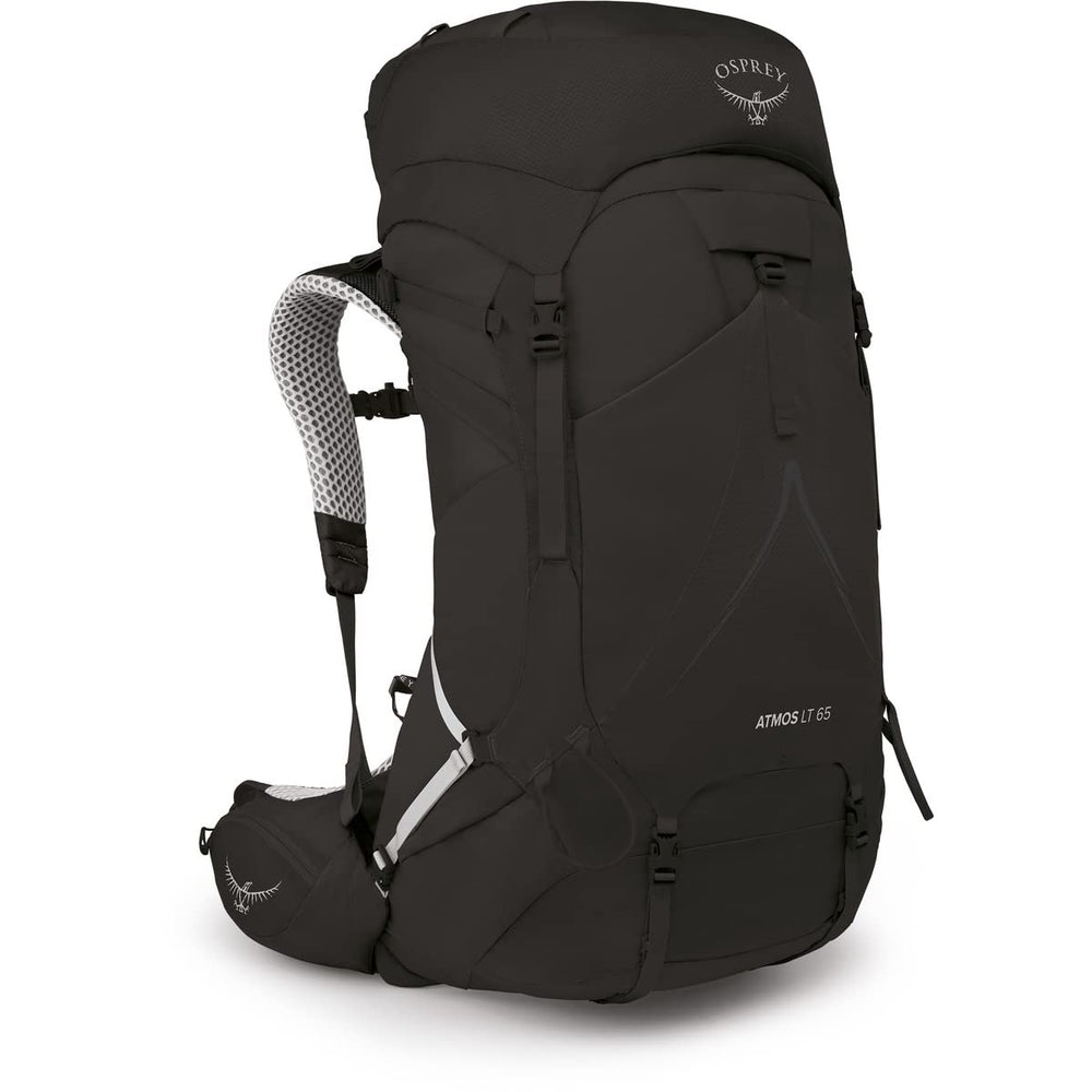 Osprey Atmos AG LT 65L backpack front view highlighting lightweight comfort for extended hikes.