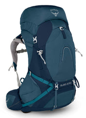 Osprey Aura AG 50 front view in Challenger Blue, emphasizing ventilated suspension for comfortable treks
