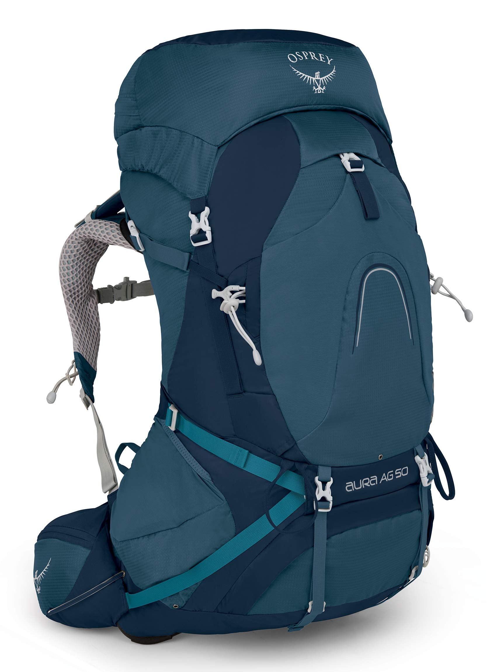 Osprey Aura AG 50 profile view in Challenger Blue showing breathable suspension for comfortable carry