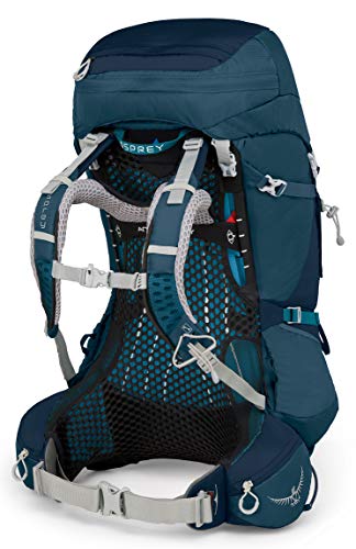 Osprey Aura AG 50 rear view in Challenger Blue highlighting ventilated harness and hipbelt