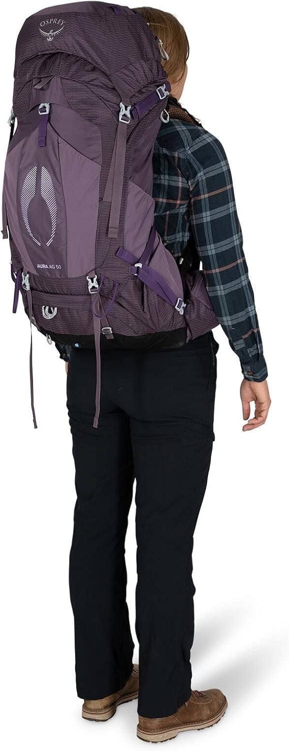 Osprey Aura AG 50L adjustable harness and hipbelt for a refined fit.