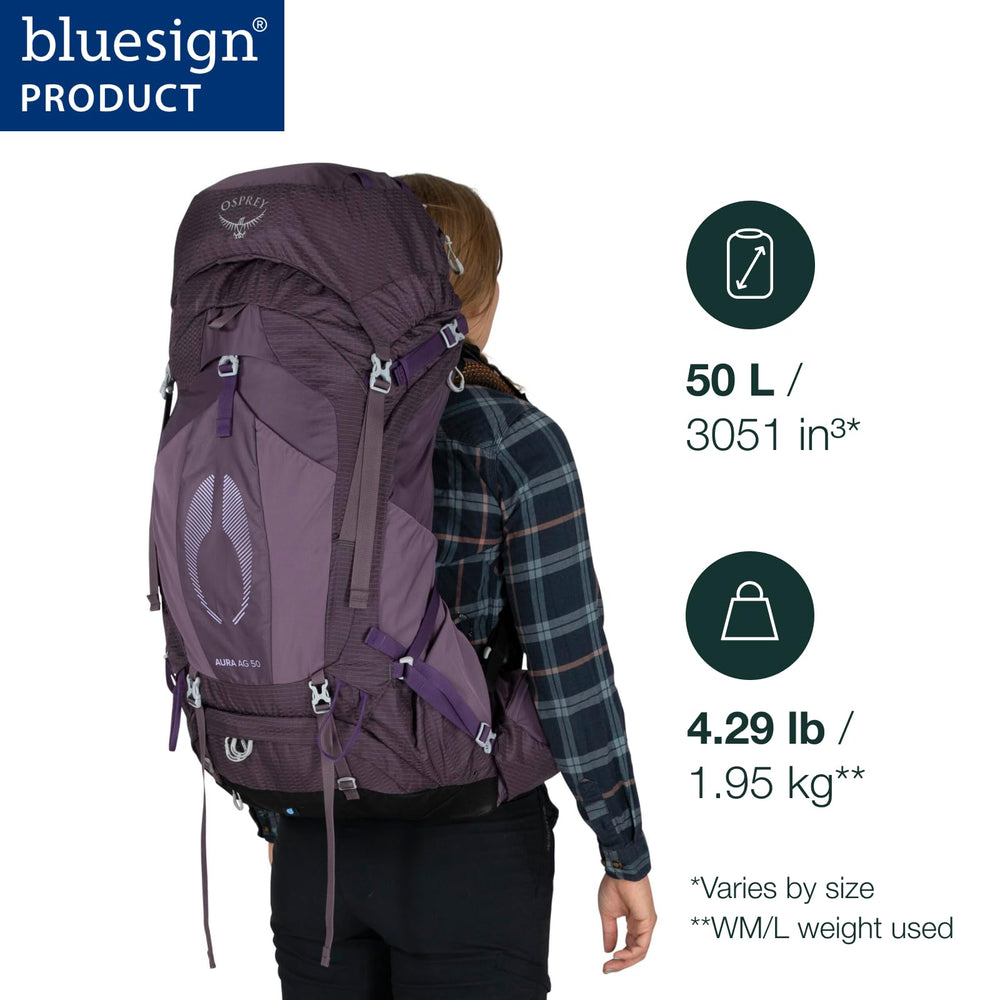 Osprey Aura AG 50L back panel shows ventilated support for all-day wear.