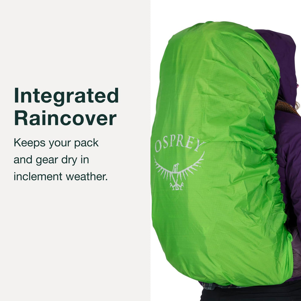 Osprey Aura AG 50L integrated raincover protects gear in wet weather.