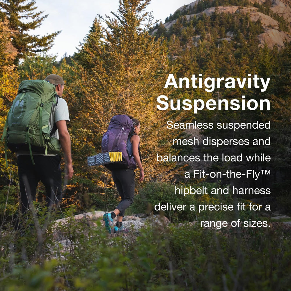Osprey Aura AG 50L with Stow-on-the-Go poles attachment for trekking gear.