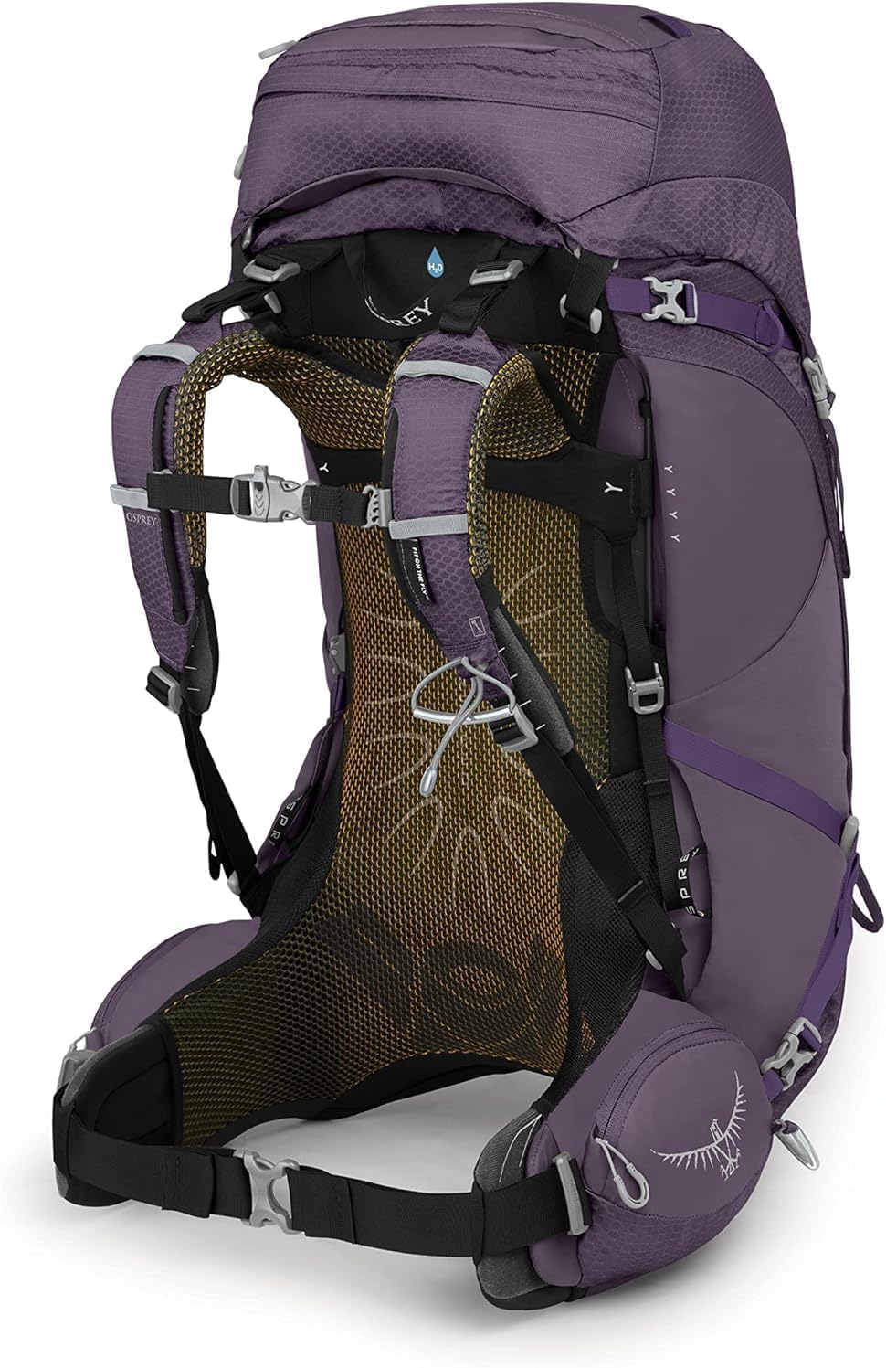 Osprey Aura AG 50L ventilated back panel and harness for comfortable wear.