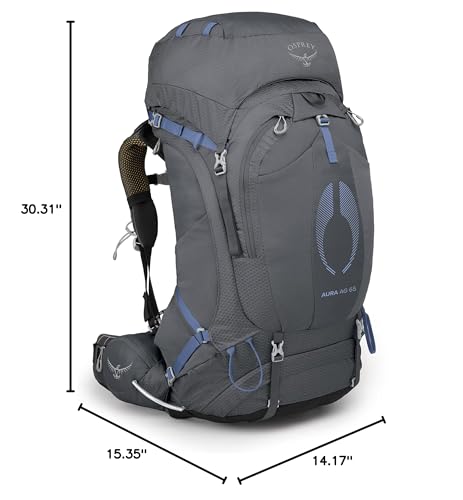 Osprey Aura AG 65L harness closeup shows ergonomic fit for all-day comfort.